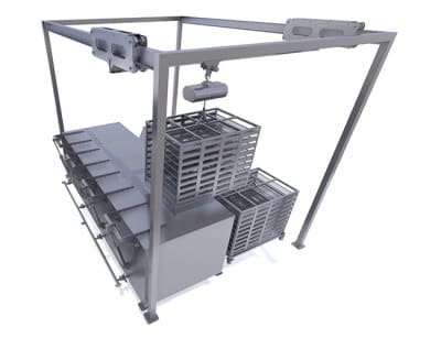 CMP sous vide batch cooking system with overhead gantry and product racks